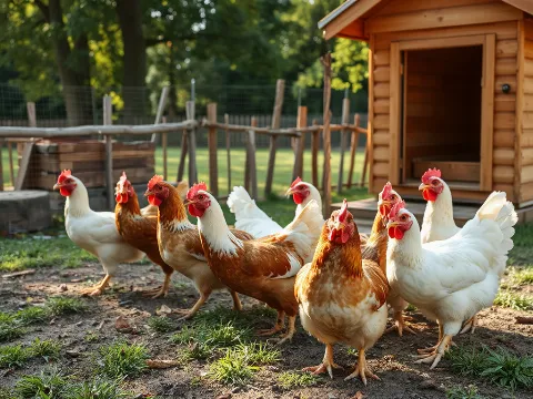 Happy chickens foraging in a well-maintained backyard coop