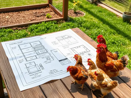 Detailed blueprint of a chicken coop with happy chickens nearby