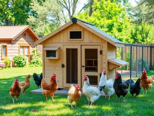 Detailed illustration of a well-designed chicken coop with happy chickens around it, showing various features like nesting boxes, roosting bars, and a secure run.