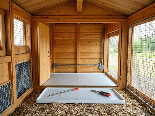Chicken coop with slide-out tray for easy cleaning