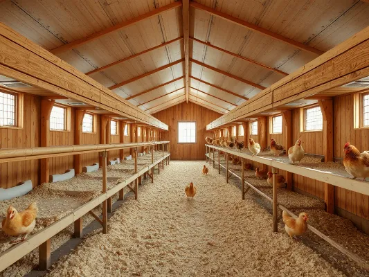 Spacious chicken coop interior with nesting boxes and roosts