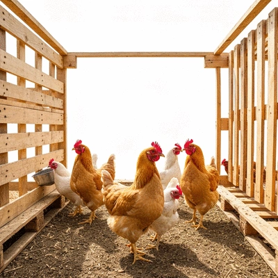 Chickens in a beautifully designed pallet wood coop