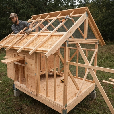 Person building a chicken coop, focused on construction