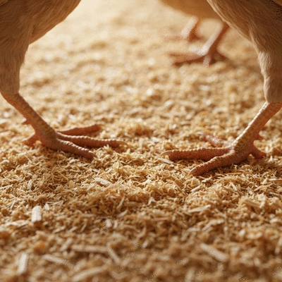 Close-up of clean, fresh chicken coop bedding, with a few chicken feet visible, no text, no words, no typography, 8K, natural lighting