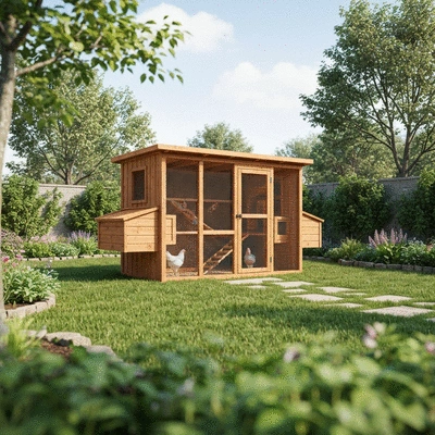 Beautifully designed walk-in chicken coop in a backyard setting