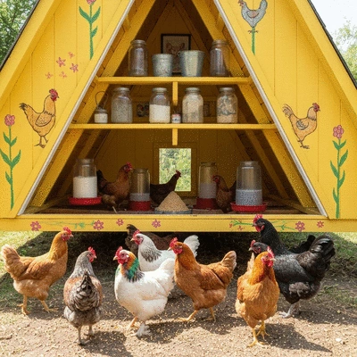 Chicken coop with personalized decor and happy chickens
