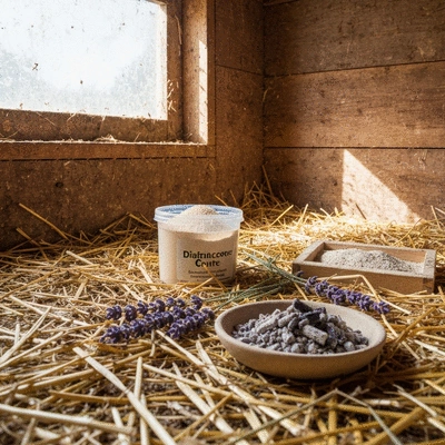Chicken coop with various natural pest control items like a dust bath, herbs, and a clean feeder