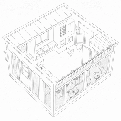 Detailed architectural drawing of a small chicken coop highlighting space, ventilation, and nesting boxes