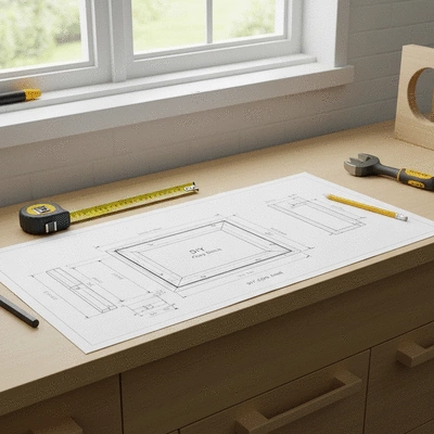 Detailed blueprint or plan for a DIY chicken coop door with tools