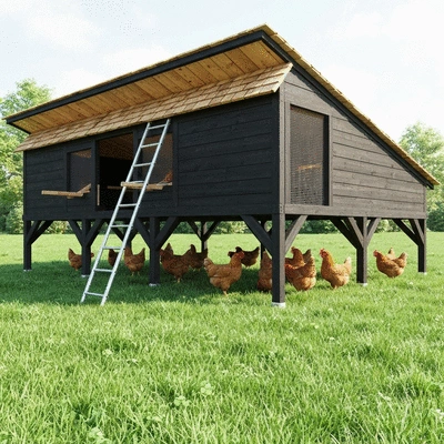 Elevated chicken coop design with chickens under it, clean image, no text