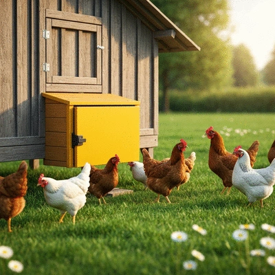 Automatic chicken coop door on a wooden coop, with chickens visible outside