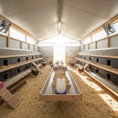 Modern chicken coop interior with designated feeding and nesting areas, clean bedding, and good ventilation