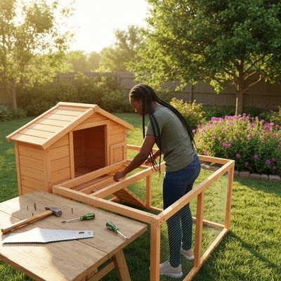 Person assembling a wooden chicken coop in a backyard with tools