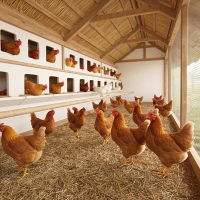 Happy chickens in a spacious coop with nesting boxes and roosting bars