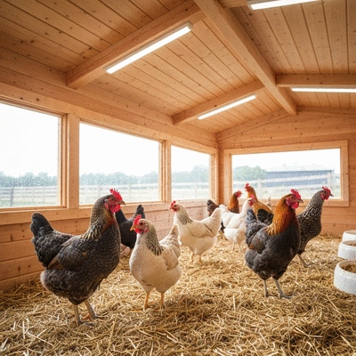 Happy chickens comfortably inside a well-designed chicken coop