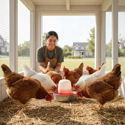 Chicken keeper interacting with chickens in a modern coop