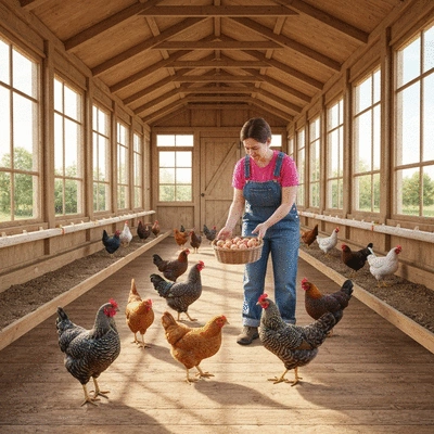 Person interacting with chickens inside a spacious walk-in chicken coop, collecting eggs, bright and clean environment, no text, no words, no typography, 8K