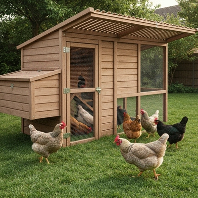 Secure chicken coop in a suburban backyard with chickens roaming safely