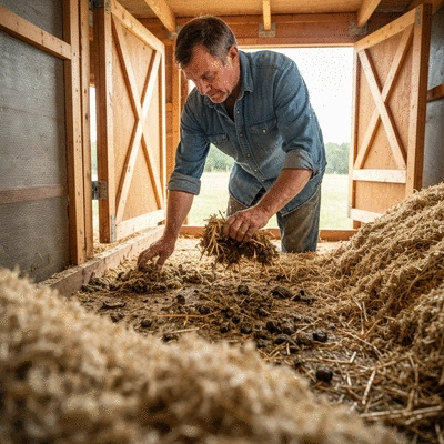Chicken coop with clean bedding and good airflow