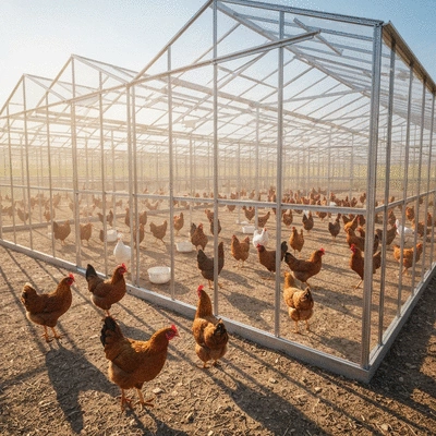 Greenhouse chicken coop with chickens inside, bright sunny day