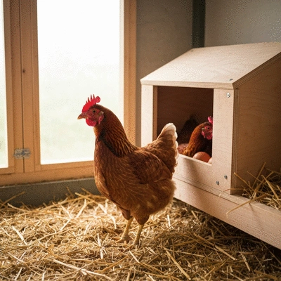 Chicken coop interior with fresh, clean bedding and a chicken laying an egg