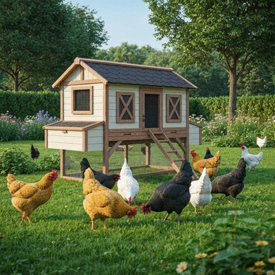 Chicken coop with happy chickens foraging in a green backyard