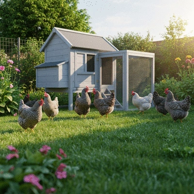 Small, well-designed chicken coop in a sunny backyard with happy chickens
