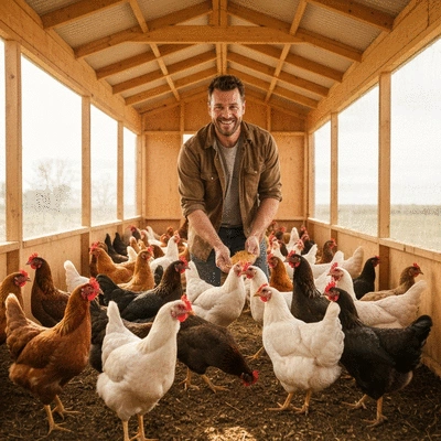 A farmer happily tending to a flock of chickens in a well-designed chicken coop
