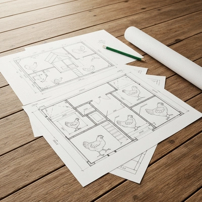 Detailed chicken coop blueprints laid out on a wooden table, with tools, clean image, no text