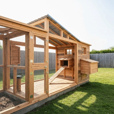 A beautifully designed modular chicken coop in a backyard setting