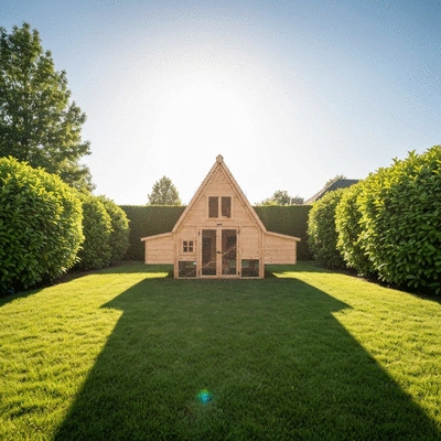 A beautifully constructed A-Frame chicken coop in a sunny backyard setting