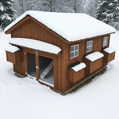 Insulated chicken coop with snow outside