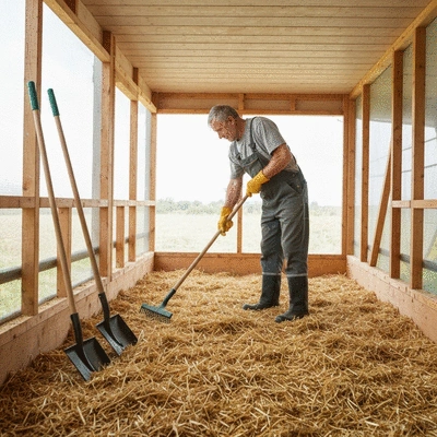 Person cleaning a chicken coop with a shovel and rake, showing fresh bedding and organized tools