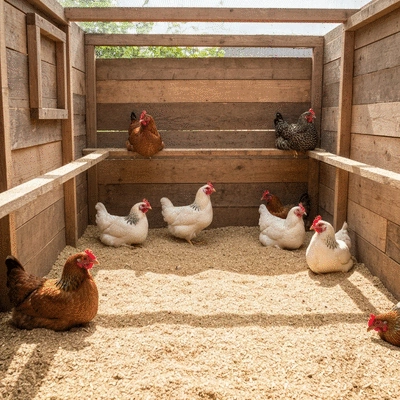 Sustainable chicken coop with deep litter method