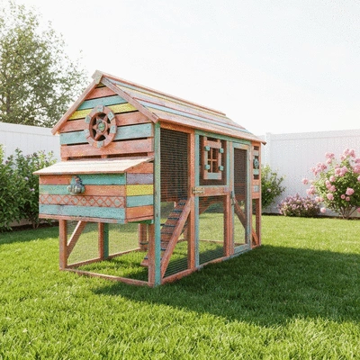 Beautifully customized pallet wood chicken coop in a backyard setting