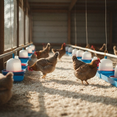 Chicken coop with clean bedding and happy chickens
