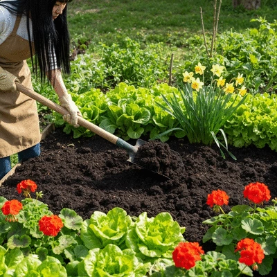 Person shoveling composted chicken manure into a garden bed