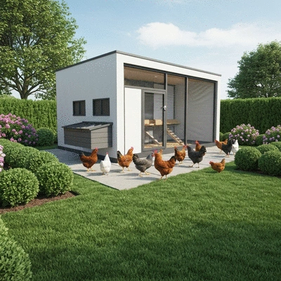 Modern chicken coop in a suburban backyard