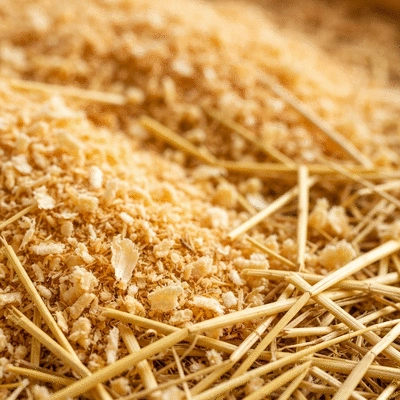 Close-up of chicken coop bedding showing pine shavings and straw