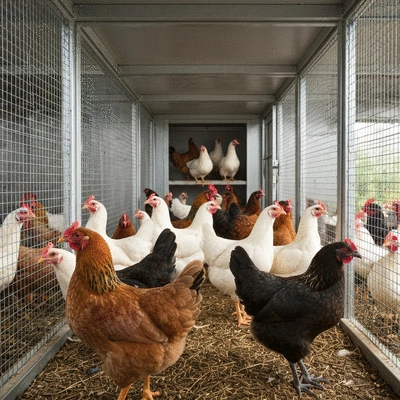 Chicken coop with chickens inside, secure and clean