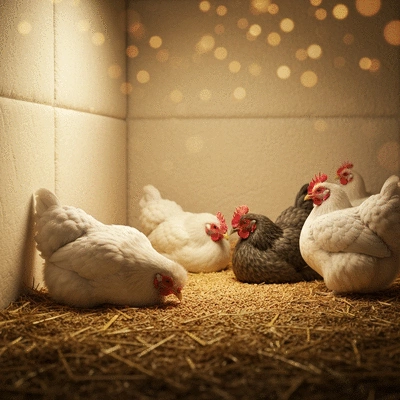 Cozy chickens inside an insulated coop