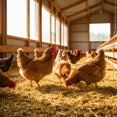 Happy chickens foraging in a clean coop