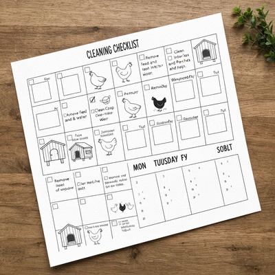 Image of a printable chicken coop cleaning checklist or calendar, with checkboxes and task details, no text, no words, no typography, 8K, flat lay