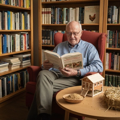 Person reading a book about chicken keeping, surrounded by chicken-related items like a small coop model or feed, cozy and educational setting, no text, no words, no typography, 8K