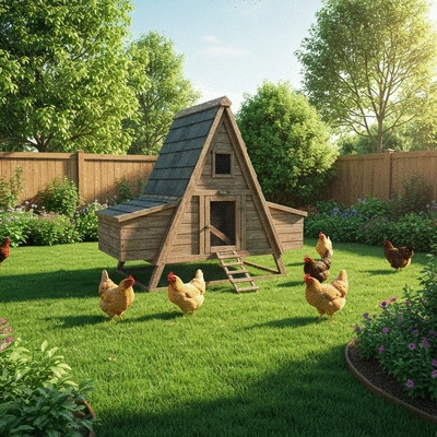 A-frame chicken coop with chickens foraging in a lush green backyard