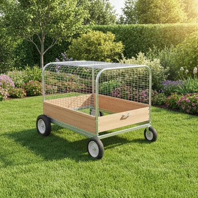 Portable chicken tractor in a backyard style=