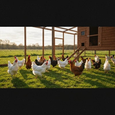 Chicken coop with various chicken breeds around it