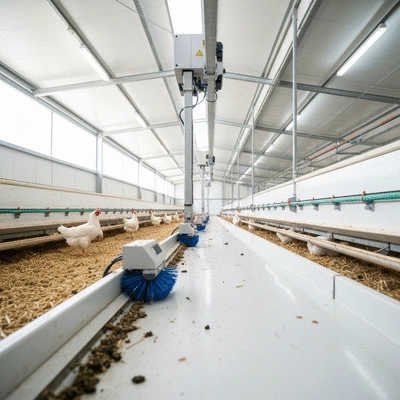 Automated chicken coop cleaning system in action