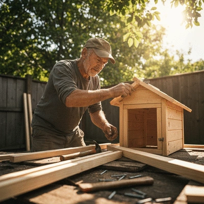 Person building a small wooden chicken coop in a backyard