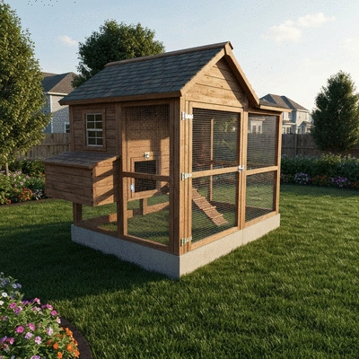 Chicken coop with strong foundation and secure locks in a suburban setting